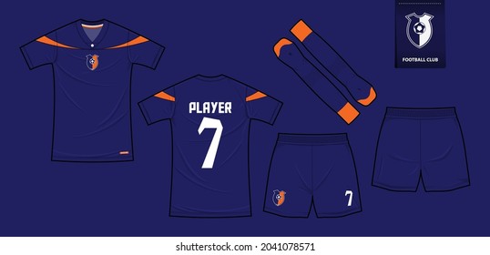 Soccer jersey or football kit mockup template design for sport club. Football t-shirt sport, shorts, sock mock up. Soccer uniform in front view, back view. Soccer logo in flat design. Vector.