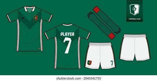 Soccer Jersey Or Football Kit Mockup Template Design For Sport Club. Football T-shirt Sport, Shorts, Sock Mock Up.Soccer Uniform In Front View, Back View.Soccer Logo In Flat Design.Vector Illustration