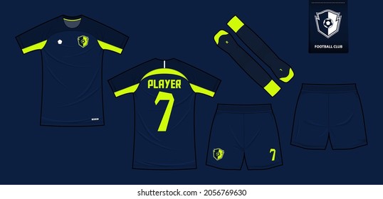 Jersey de fútbol o diseño de plantilla de maquillaje para equipo de fútbol para club deportivo. Camisetas de fútbol deportivas, pantalones cortos, calcetines para arriba.Uniforme de fútbol en la vista frontal, retrovista.Logo de fútbol en diseño plano.Ilustración vectorial