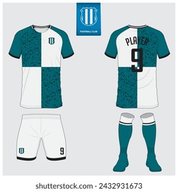 Soccer jersey or football kit mockup design for football club. Football shirt, short, sock template. Soccer uniform in front view, back view. Football logo in flat design. Vector Illustration. 