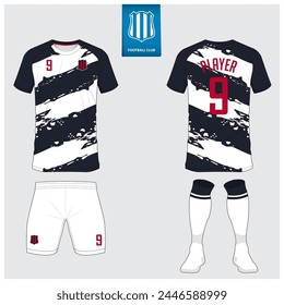 Soccer jersey or football kit mockup design for football club. Football shirt, short, sock template. Soccer uniform in front view, back view. Football logo in flat design. Vector Illustration. 