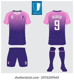 Soccer jersey or football kit mockup design for football club. Football shirt, short, sock template. Soccer uniform in front view, back view. Football logo in flat design. Vector Illustration. 