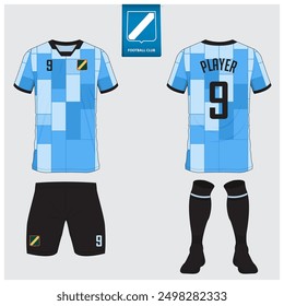 Soccer jersey or football kit mockup design for football club. Football shirt, short, sock template. Soccer uniform in front view, back view. Football logo in flat design. Vector Illustration. 