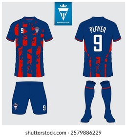 Soccer jersey or football kit mockup design for football club. Football shirt, short, sock template. Soccer uniform in front view, back view. Football logo in flat design. Vector Illustration. 