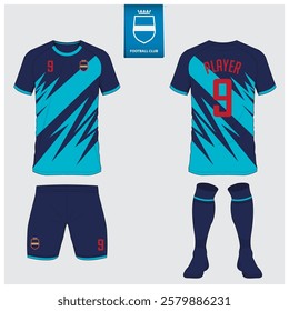 Soccer jersey or football kit mockup design for football club. Football shirt, short, sock template. Soccer uniform in front view, back view. Football logo in flat design. Vector Illustration. 
