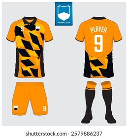 Soccer jersey or football kit mockup design for football club. Football shirt, short, sock template. Soccer uniform in front view, back view. Football logo in flat design. Vector Illustration. 