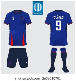 Soccer jersey or football kit mockup design for football club. Football shirt, short, sock template. Soccer uniform in front view, back view. Football logo in flat design. Vector Illustration. 