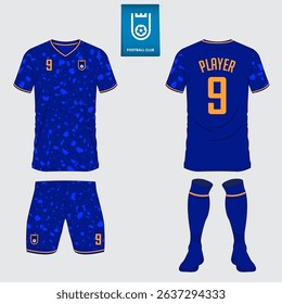 Soccer jersey or football kit mockup design for football club. Football shirt, short, sock template. Soccer uniform in front view, back view. Football logo in flat design. Vector Illustration. 