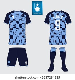 Soccer jersey or football kit mockup design for football club. Football shirt, short, sock template. Soccer uniform in front view, back view. Football logo in flat design. Vector Illustration. 