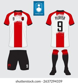 Soccer jersey or football kit mockup design for football club. Football shirt, short, sock template. Soccer uniform in front view, back view. Football logo in flat design. Vector Illustration. 