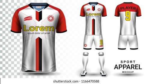 Soccer Jersey and Football Kit Presentation Mockup Template, Front and Back View Including Sportswear Uniform, Shorts and Socks and it is Fully Customization Isolated on Transparent Background.