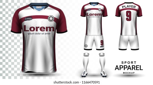 Soccer Jersey and Football Kit Presentation Mockup Template, Front and Back View Including Sportswear Uniform, Shorts and Socks and it is Fully Customization Isolated on Transparent Background.