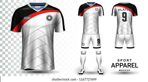 Soccer Jersey and Football Kit Presentation Mockup Template, Front and Back View Including Sportswear Uniform, Shorts and Socks and it is Fully Customization Isolated on Transparent Background.