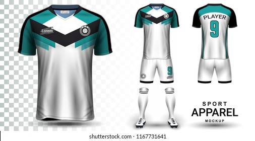 Soccer Jersey And Football Kit Presentation Mockup Template, Front And Back View Including Sportswear Uniform, Shorts And Socks And It Is Fully Customization Isolated On Transparent Background.