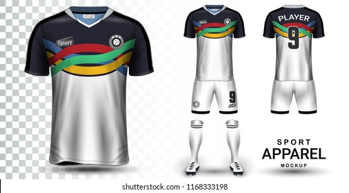 Soccer Jersey and Football Kit Presentation Mockup Template, Front and Back View Including Sportswear Uniform, Shorts and Socks and it is Fully Customization Isolated on Transparent Background.