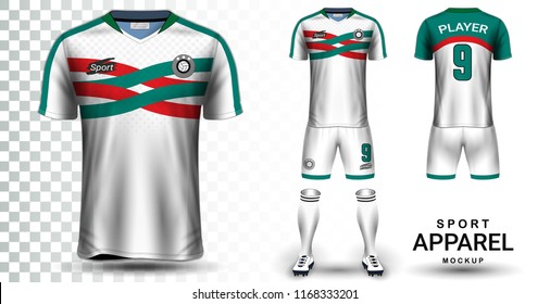 Soccer Jersey and Football Kit Presentation Mockup Template, Front and Back View Including Sportswear Uniform, Shorts and Socks and it is Fully Customization Isolated on Transparent Background.