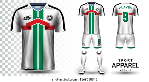 Soccer Jersey and Football Kit Presentation Mockup Template, Front and Back View Including Sportswear Uniform, Shorts and Socks and it is Fully Customization Isolated on Transparent Background.