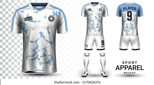 Soccer Jersey and Football Kit Presentation Mockup Template, Front and Back View Including Sportswear Uniform, Shorts and Socks and it is Fully Customization Isolated on Transparent Background.