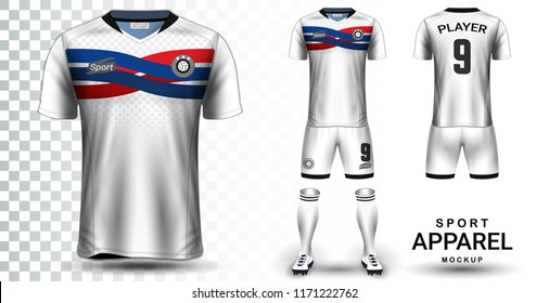 Soccer Jersey and Football Kit Presentation Mockup Template, Front and Back View Including Sportswear Uniform, Shorts and Socks and it is Fully Customization Isolated on Transparent Background.