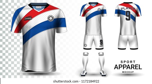 Soccer Jersey and Football Kit Presentation Mockup Template, Front and Back View Including Sportswear Uniform, Shorts and Socks and it is Fully Customization Isolated on Transparent Background.