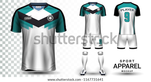 Soccer Jersey and Football Kit Presentation\
Mockup Template, Front and Back View Including Sportswear Uniform,\
Shorts and Socks and it is Fully Customization Isolated on\
Transparent Background.