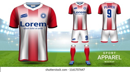 Soccer Jersey and Football Kit (Short Sleeve) Presentation Mockup Template, Front and Back View Including Sportswear Uniform, Shorts and Socks and it is Fully Customization for Fantasy Ideas Concept.