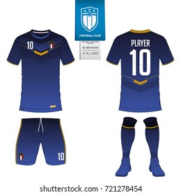 Soccer jersey or football kit, short, sock template for sport club. Football t-shirt mock up. Front and back view soccer uniform. Flat football logo on blue label. Vector Illustration.