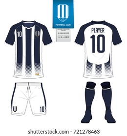 Soccer jersey or football kit, short, sock template for sport club. Football t-shirt mock up. Front and back view soccer uniform. Flat football logo on blue label. Vector Illustration.