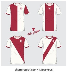 Soccer jersey or football kit, short, sock template for sport club in retro concept. Football t-shirt mock up. Front and back view soccer uniform. Flat football logo on blue label.Vector Illustration.
