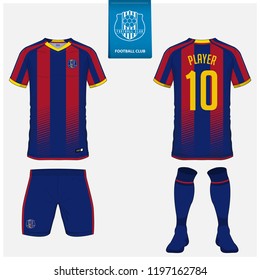 Soccer jersey or football kit, shorts, sock template design for sport club. Football t-shirt mock up. Front and back view soccer uniform. Flat football logo design on blue label. Vector Illustration.