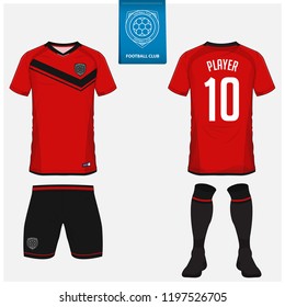 Soccer jersey or football kit, shorts, sock template design for sport club. Football t-shirt mock up. Front and back view soccer uniform. Flat football logo design on blue label. Vector Illustration.