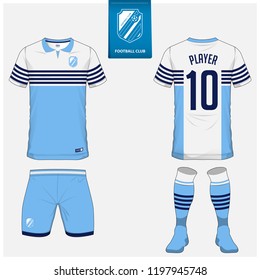 Soccer jersey or football kit, shorts, sock template design for sport club. Football t-shirt mock up. Front and back view soccer uniform. Flat football logo design on blue label. Vector Illustration.
