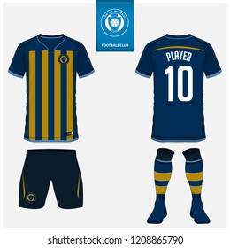 Soccer jersey or football kit, shorts, sock, template design for sport club. Football t-shirt mock up. Front and back view soccer uniform. Flat football logo design on blue label. Vector Illustration.