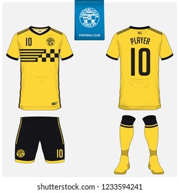 Soccer jersey or football kit, shorts, sock, template design for soccer club. Sport t-shirt mock up. Front and back view soccer uniform. Flat football logo design on blue label. Vector Illustration.
