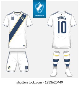 Soccer jersey or football kit, shorts, sock, template design for soccer club. Sport t-shirt mock up. Front and back view soccer uniform. Flat football logo design on blue label. Vector Illustration.