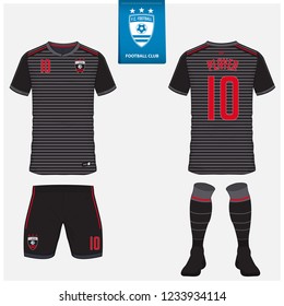 Soccer jersey or football kit, shorts, sock, template design for soccer club. Sport t-shirt mock up. Front and back view soccer uniform. Flat football logo design on blue label. Vector Illustration.