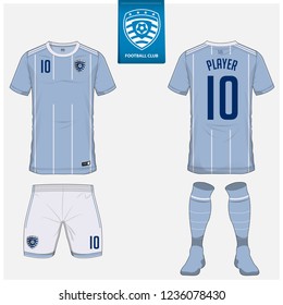 Soccer jersey or football kit, shorts, sock, template design for soccer club. Sport t-shirt mock up. Front and back view soccer uniform. Flat football logo design on blue label. Vector Illustration.