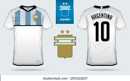 Soccer jersey or football kit template design for Argentina national football team. Front and back view soccer uniform. Football t shirt mock up. Vector Illustration