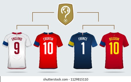 Soccer jersey or football kit template design for England, Croatia, France, Belgium in back view. Soccer uniform with captain armband. 