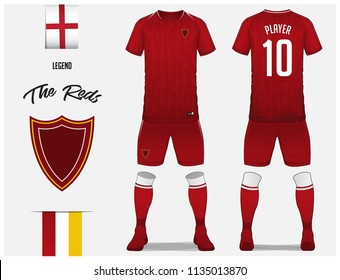 Soccer jersey or football kit template for football club. Red football shirt with red sock and short mock up. Front and back view soccer uniform. Football logo and Flag label. Vector Illustration.