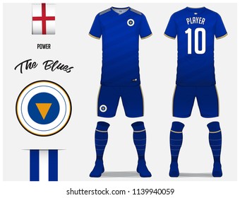 Soccer jersey or football kit template for football club. Blue football shirt with sock and blue pants mock up. Front and back view soccer uniform. Football logo and Flag label. Vector.