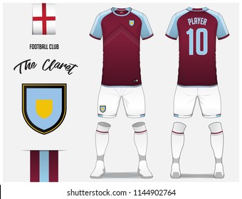 Soccer jersey or football kit template for football club. Claret  football shirt with white sock and short mock up. Front and back view soccer uniform. Football logo and Flag label. Vector.