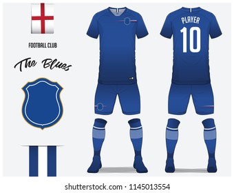 Soccer jersey or football kit template for football club. Blue football shirt with sock and shorts mock up. Front and back view soccer uniform. Football logo and Flag label. Vector Illustration.