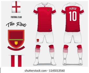 Soccer jersey or football kit template for football club. Red football shirt with sock and white shorts mock up. Front and back view soccer uniform. Football logo and Flag label. Vector Illustration.