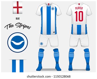 Soccer jersey or football kit template for football club. Blue and white stripe football shirt blue sock and white shorts mock up. Front and back view soccer uniform. Football logo. Vector