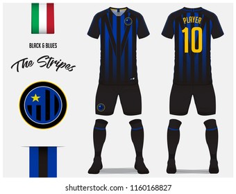 Soccer jersey or football kit template for football club. Blue and black stripe football shirt with sock and pants mock up. Front and back view soccer uniform. Football logo and Flag label. Vector.