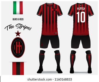 Soccer jersey or football kit template for football club. Red and black stripe football shirt with sock and pants mock up. Front and back view soccer uniform. Football logo and Flag label. Vector.