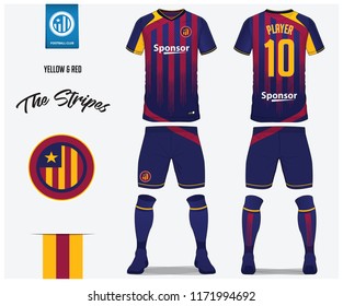 Soccer jersey or football kit template for football club. Red and blue stripe football shirt with sock and blue shorts mock up. Front and back view soccer uniform. Football logo and Flag label. Vector