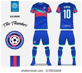 Soccer jersey or football kit template design for football club. Blue gradient football shirt with sock and blue shorts mock up. Front and back view soccer uniform. Flat football logo design. Vector.