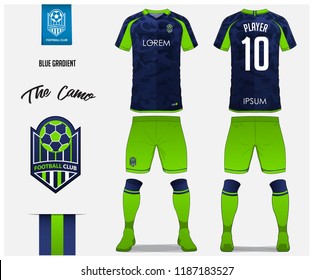 Soccer jersey or football kit template design for football club. Blue camouflage gradient football shirt with sock and blue shorts mock up. Front back view soccer uniform. Football logo design. Vector